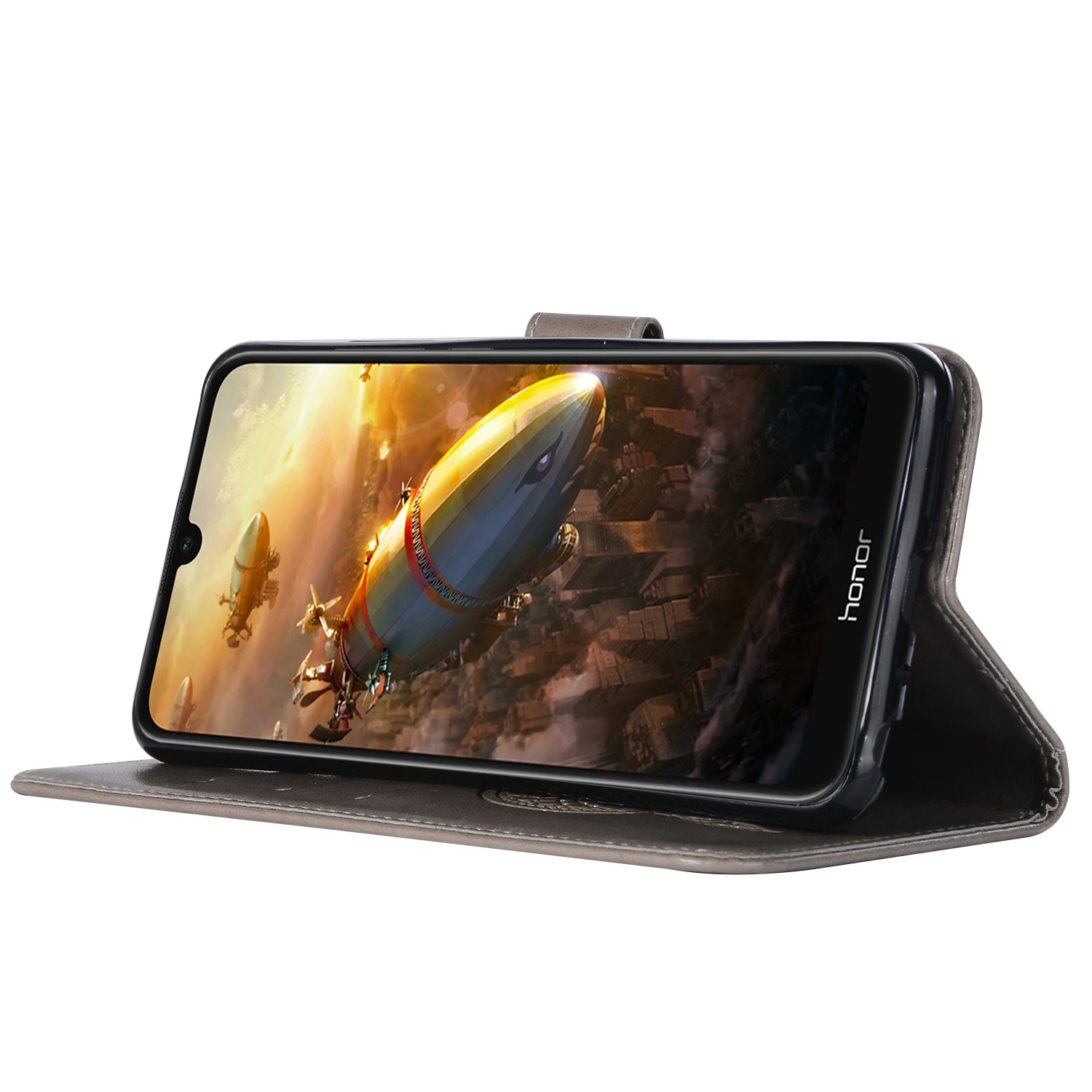 Кожаный чехол книжка с рисунком Ловца снов и совы для Huawei Y6 2019 / Honor 8A откидной