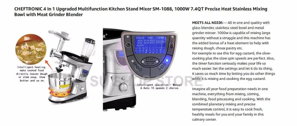CHEFTRONIC 4 в 1 Многофункциональный кухонный миксер SM-1088, 1000 Вт 7.4QT точный нагрев из нержавеющей миски с мясорубкой B