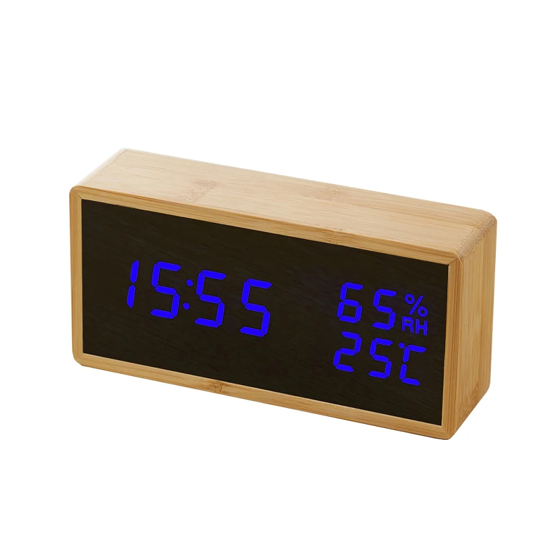 Blue LED Alarm Clock Современный звуковой контроль светодиодный Деревянный Будильник часы Despertador Температура Влажность электронные настольные цифровые настольные часы - Цвет: Blue LED Alarm Clock