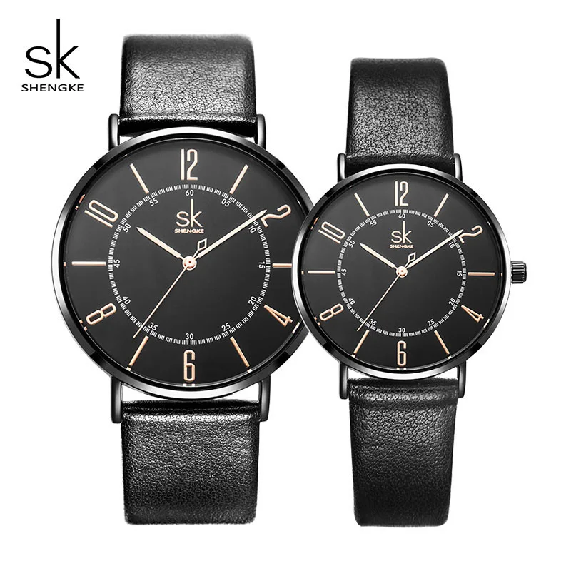 Shengke модные парные часы кварцевые женские наручные часы набор Reloj Montre простой кожаный ремешок Валентина Любовь Подарки на день рождения - Цвет: Black man and women