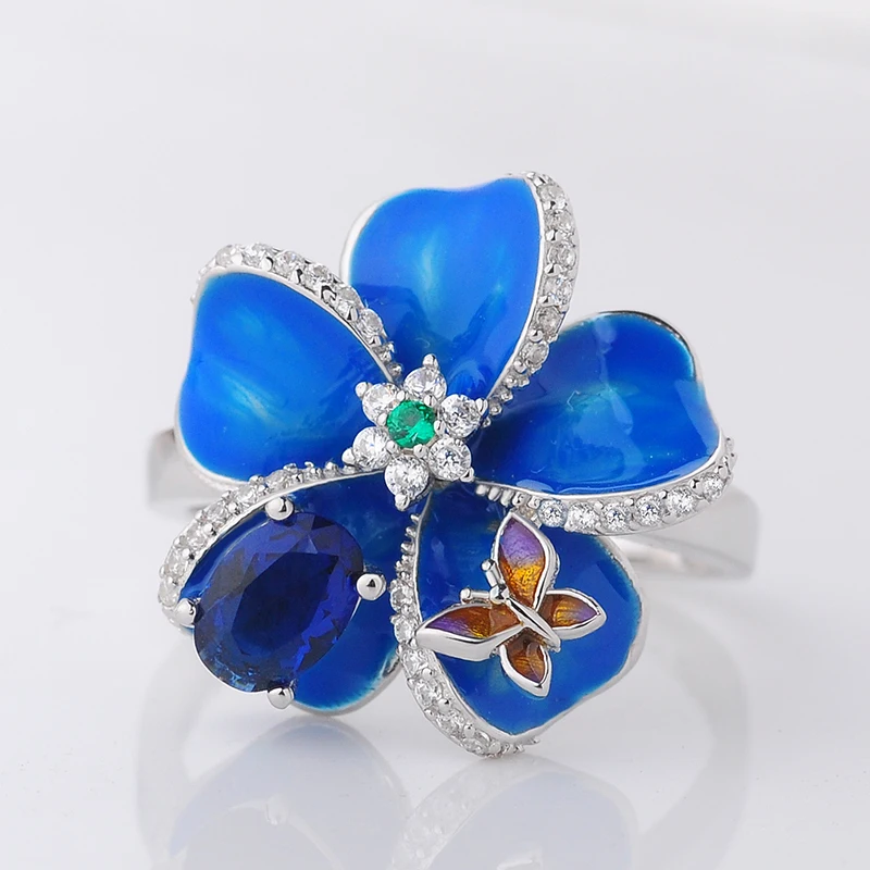 Женское кольцо цветок с эмалью RainMarch из меди и фианита бабочкой сделай сам