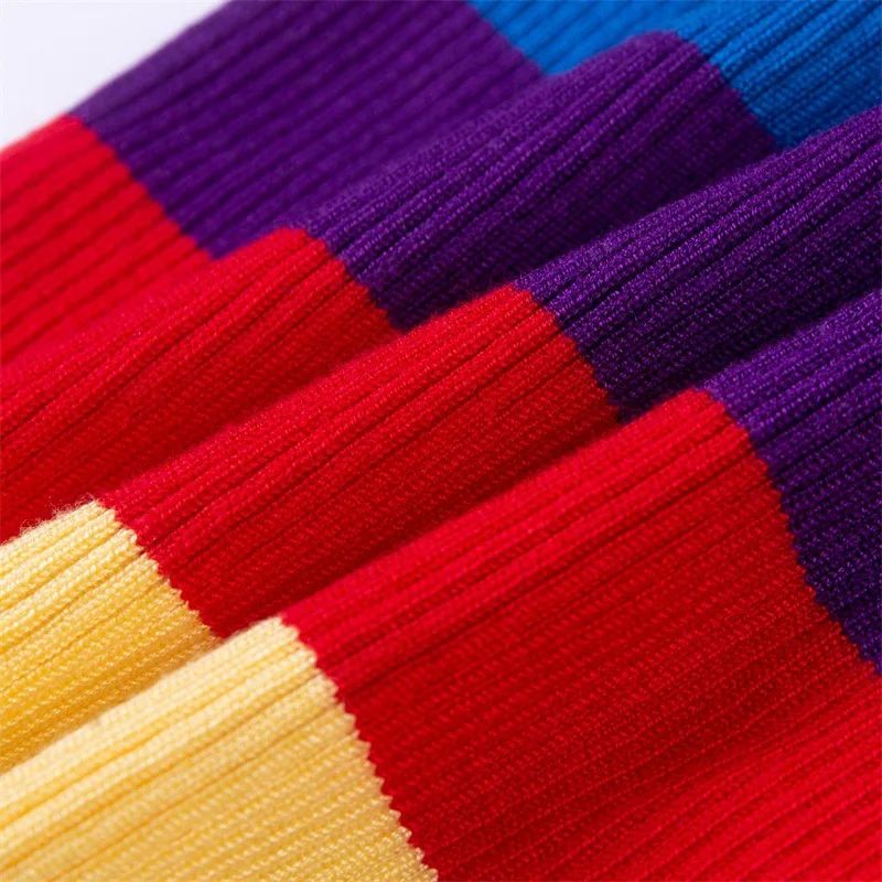 

Autumn winter women turtlenecks sweaters and pullover cropped jumper rainbow striped slim ruffles female Crop knitted sweater