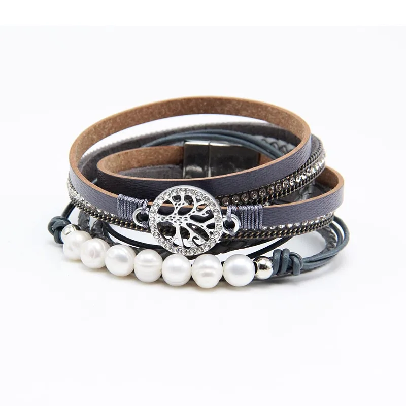 ZG Multiple Layers Punk Leather Bracelet For Men& Women Tree of Life jewelry Pearl Rhinestone Braid Charms Bracelets femme