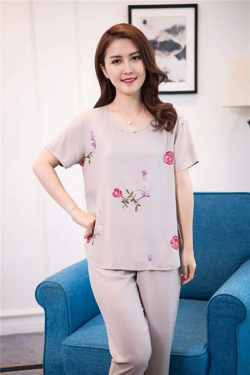 4XL Новинка, летняя тонкая женская пижама, комплект, одежда для сна, Женский хлопковый Пижамный костюм с цветочной вышивкой, Повседневная Свободная одежда для сна, домашняя одежда
