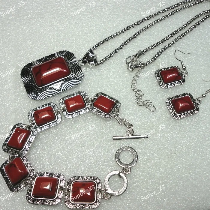 10 комплектов античный серебряный браслет из Красного камня серьги ожерелье 3 в 1