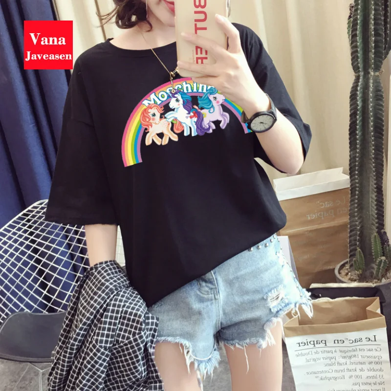 

Vana Javeasen Rainbow Pony Print Women T-Shirt O-Neck Plu Size Woman'Clothing Short Sleeve White Tops Black Tee Shirt Female