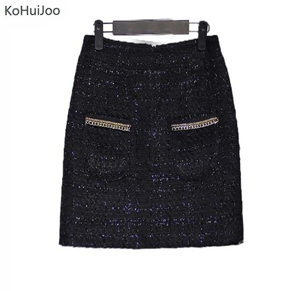 KoHuiJoo 3XL 4XL 5XL зимняя черная короткая твидовая юбка женская плюс размер металлическая цепочка Толстая Женская шерстяная юбка милые юбки с карманами