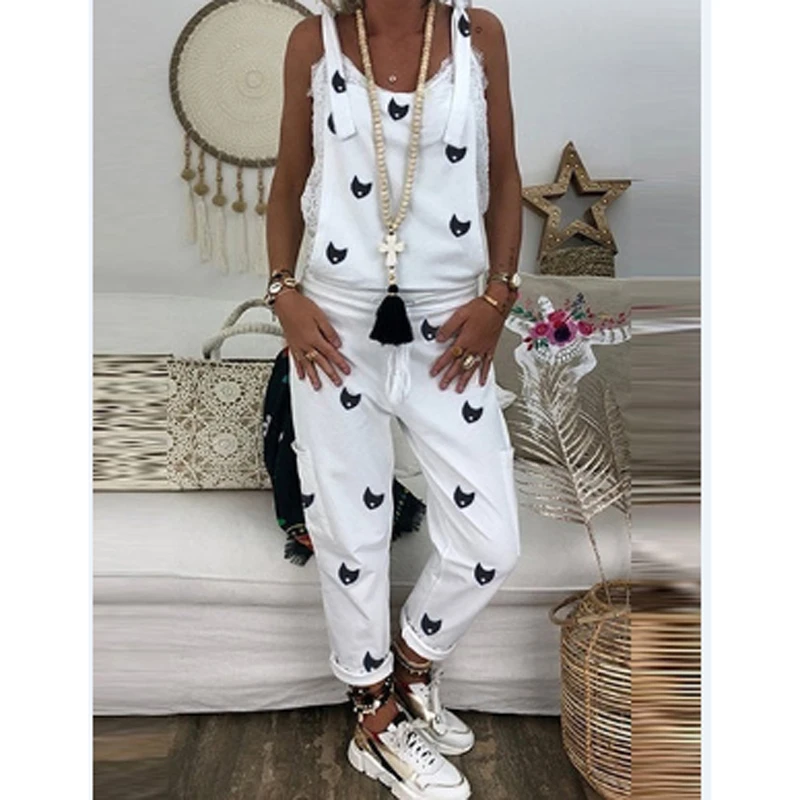 Женский свободный комбинезон с принтом кошки повседневные однотонные брюки
