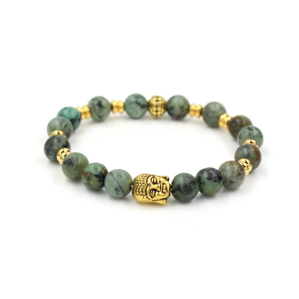 

8MM Natural African Pine Stone Buddha Head Energy Bracelet Hand Beaded Alloy Charm Bracelet Chakra Yoga Bracelets Wholesale
