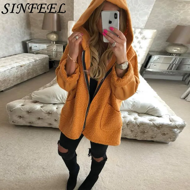 Женская куртка с капюшоном SINFEEL теплая осенняя из искусственной овечьей шерсти