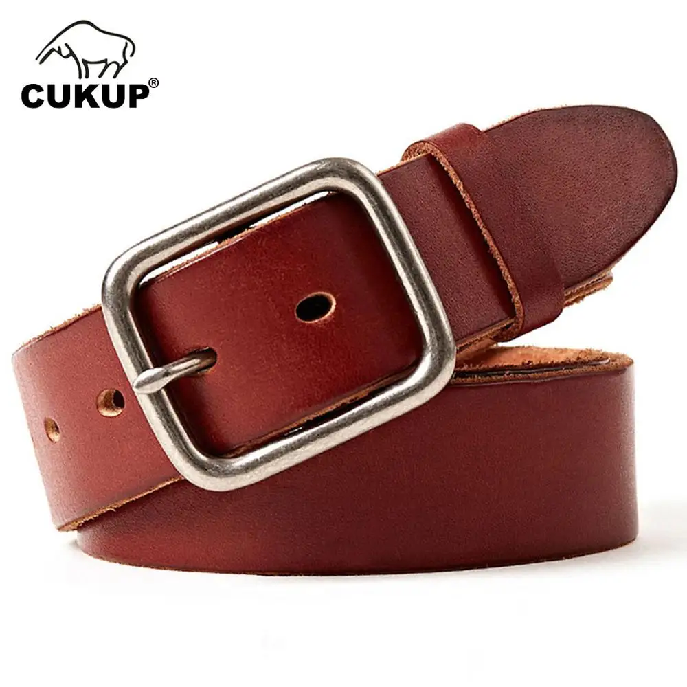 CUKUP Top Quality 100% Pure Cowhide Leather Retro Belts Alloy Simple Clasp Buckle Metal Jeans Belt for Men 3.8cm Wide NCK319