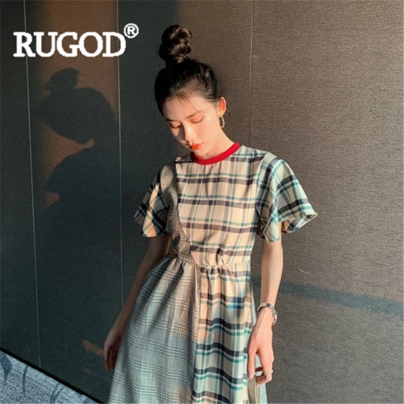 Женское винтажное клетчатое платье RUGOD в стиле пэчворк с круглым вырезом и
