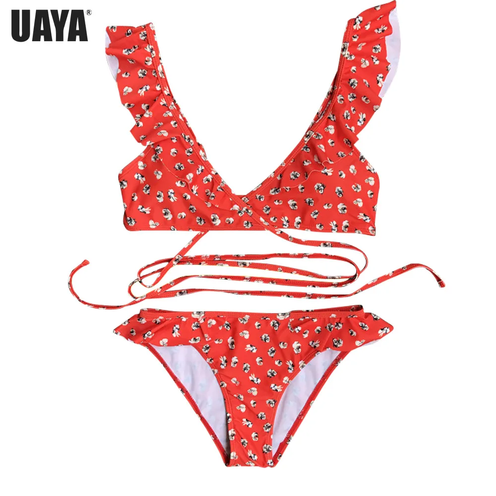2019 супер сексуальные бандажные бикини с оборками принтом низкой талией