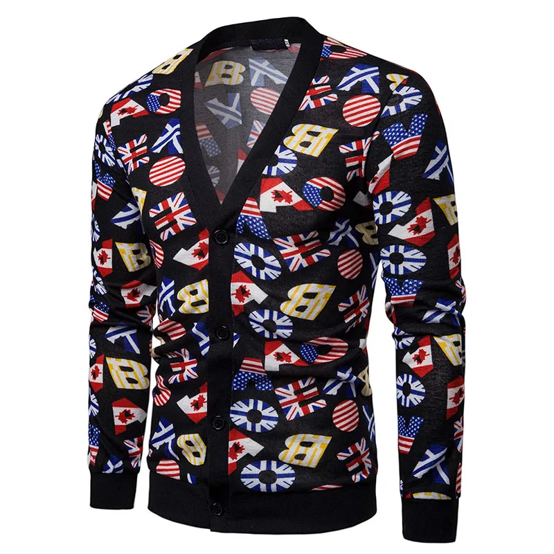 Men's sweater 2019 spring and autumn men's cardigan v-neck fashion printed |