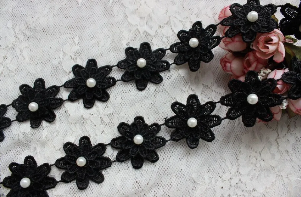 

5 yards/Lot Vintage Black Pearl Lace Bridal beaded Lace Trimming for costume design lace accessories