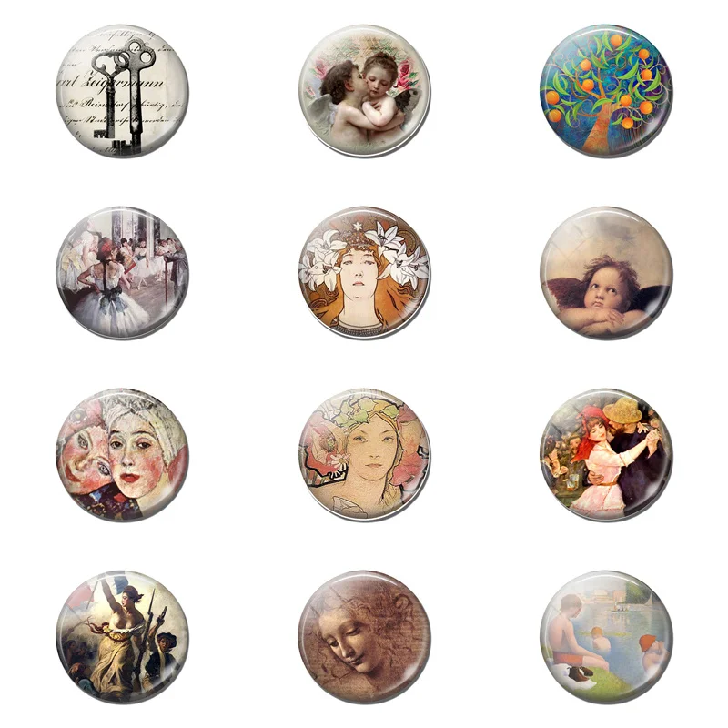 

Oil Painting Fridge Magnets Refrigerator Decor Magnetic Stickers 12pcs Classic Artistic Pattern Glass Cabochon Whiteboard Magnet