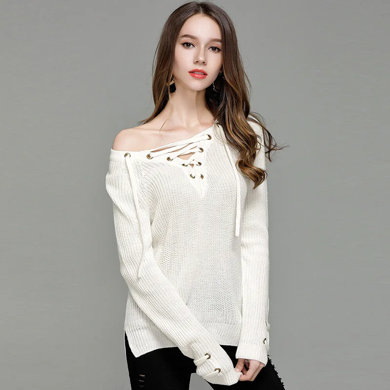 Женский трикотажный пуловер с V-образным вырезом и длинным рукавом |