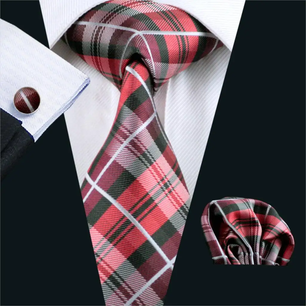 

FA-376 Gents Necktie Red Plaid 100% Silk Jacquard Tie Hanky Cufflinks Set Business Wedding Party Ties For Men Free Shipping