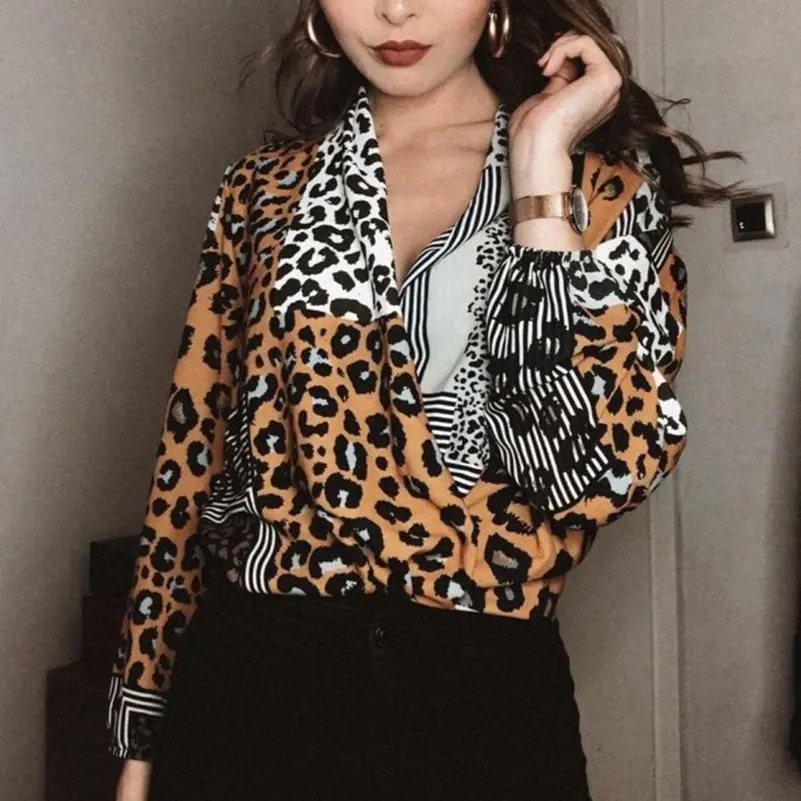 Модные женские леопардовые с принтом длинными свободными рукавами v-образным
