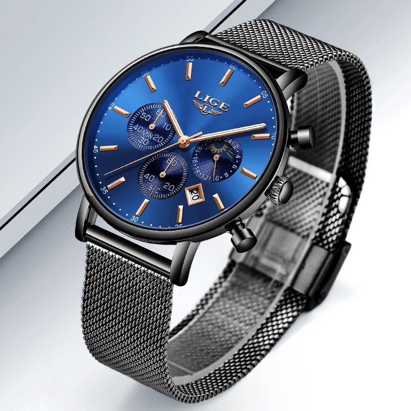 Часы наручные LIGE Мужские кварцевые брендовые Роскошные модные повседневные