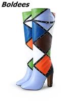 trendy designer color matched block heels knee high boots women buckle rivets decoration chunky heel motorcycle boots