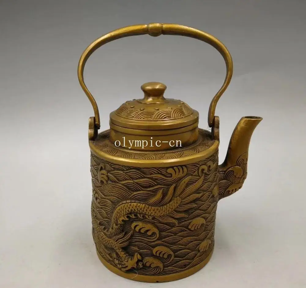 

6'' copper sculpture handwork carved dragon design pot cup box jar teapot statue