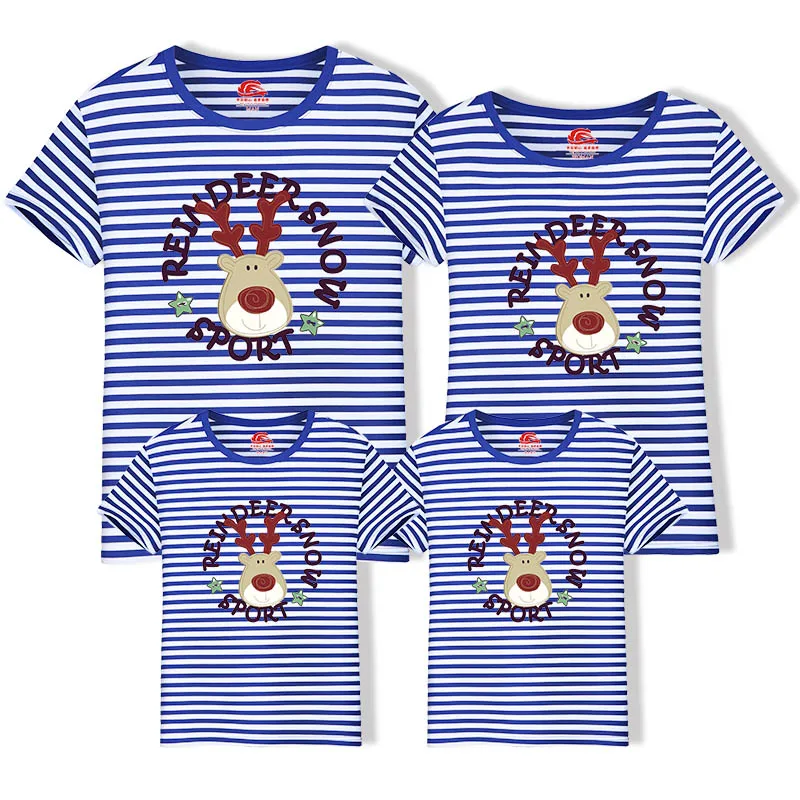 Blue Striped Новинка г.; рождественские одинаковые комплекты для семьи; хлопковая футболка с короткими рукавами для мамы, папы и ребенка; Milu Deer; одинаковая семейная одежда - Цвет: Blue Striped
