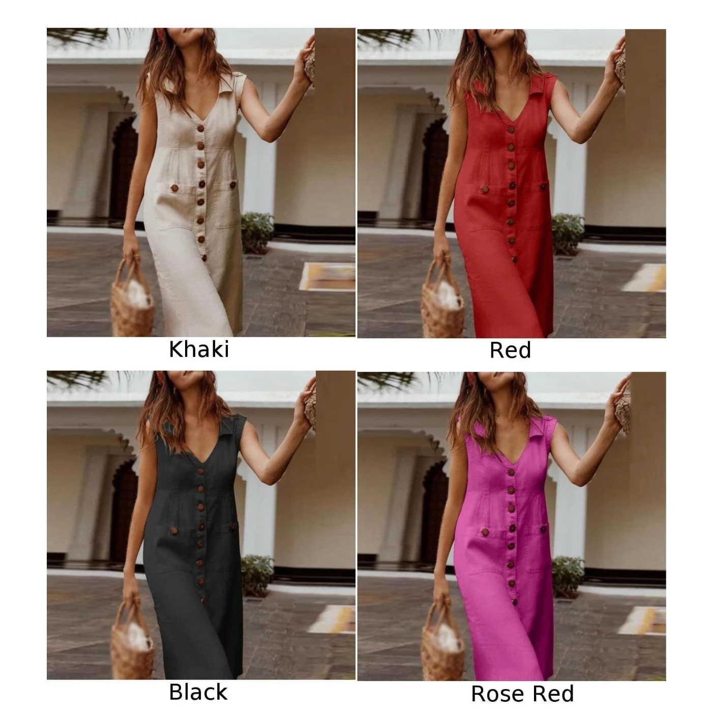 Летнее платье женское с карманами и пуговицами Повседневное без рукавов