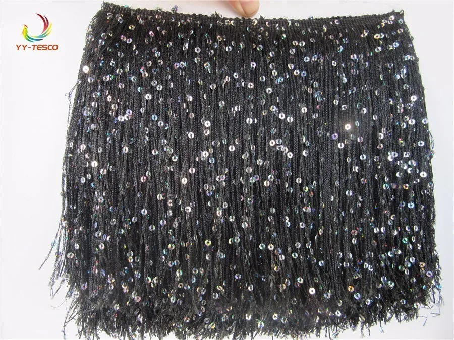 Sequins black Бахрома кисточка кружевная лента 1 ярдов/партия полиэстер отделка кисточка отделка 20 см длинные латинские танцы платье одежда Макраме Украшения DIY - Цвет: Sequins black