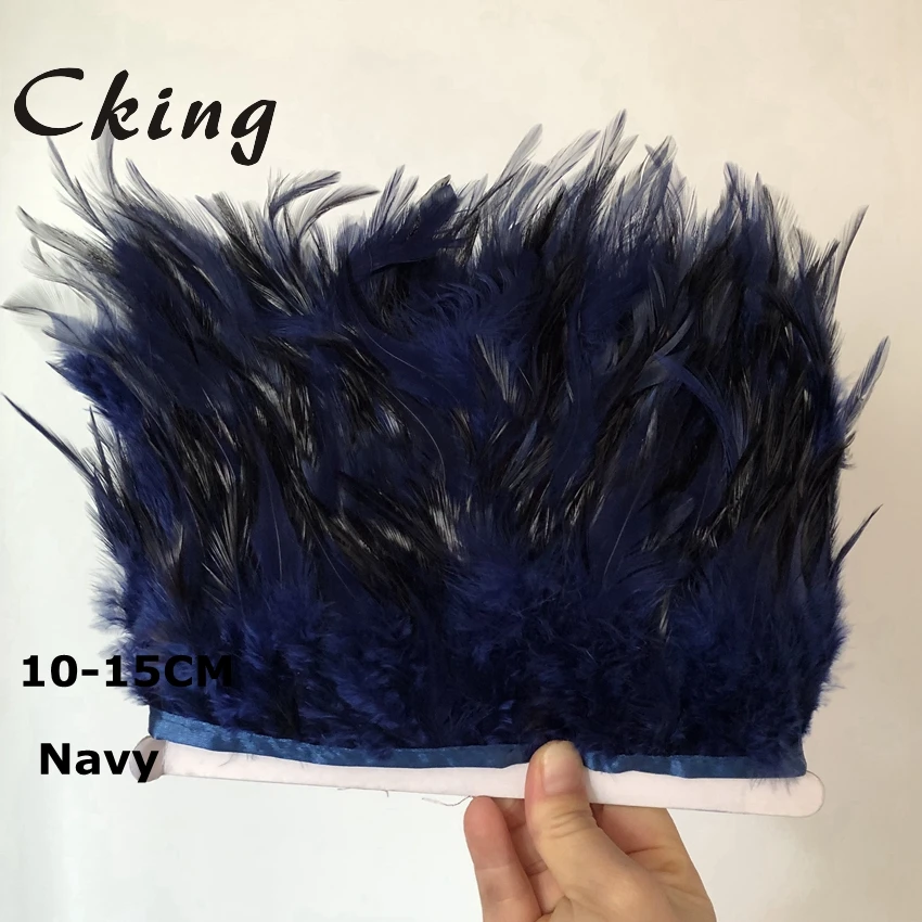 Cking 10meters navy blue dyed chicken feather trim fringe sewed on satin ribbon 10-15cm 4-6inh DIY Feather lace wedding decorate