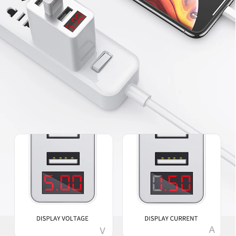 ROCK 3 Port USB Phone Charger LED Display EU Plug Total Max 3.4A Smart Fast Charger Mobile Wall Charger for iPhone iPad Samsung
