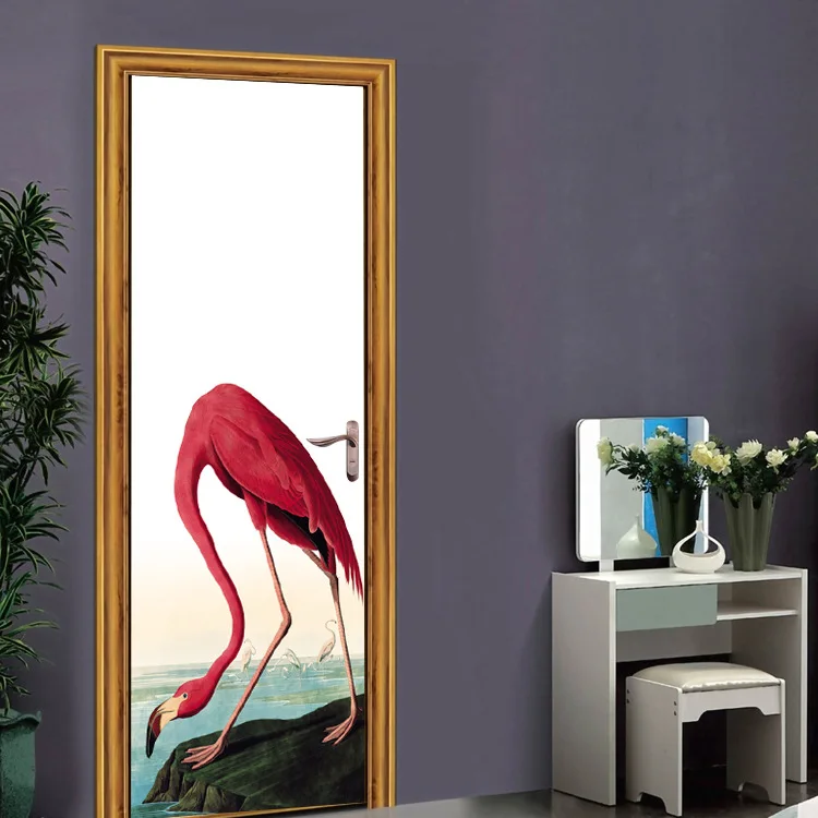 Креативные DIY 3D наклейки на дверь с эффектом фламинго для украшения стен комнаты