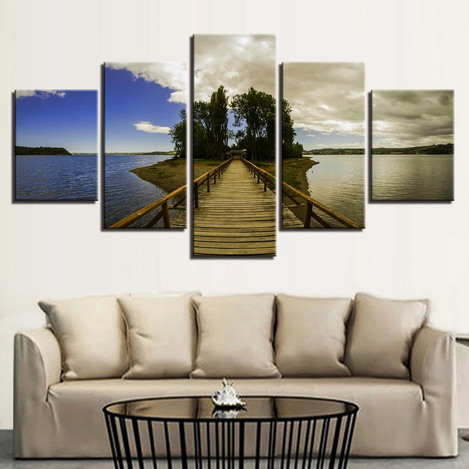 Wall Art HD Printed 5 Pieces Wooden Bridge Green Trees Blue Sky And Sea Scenery Modular Canvas Pictures Artworks Decor Paintings | Дом и сад
