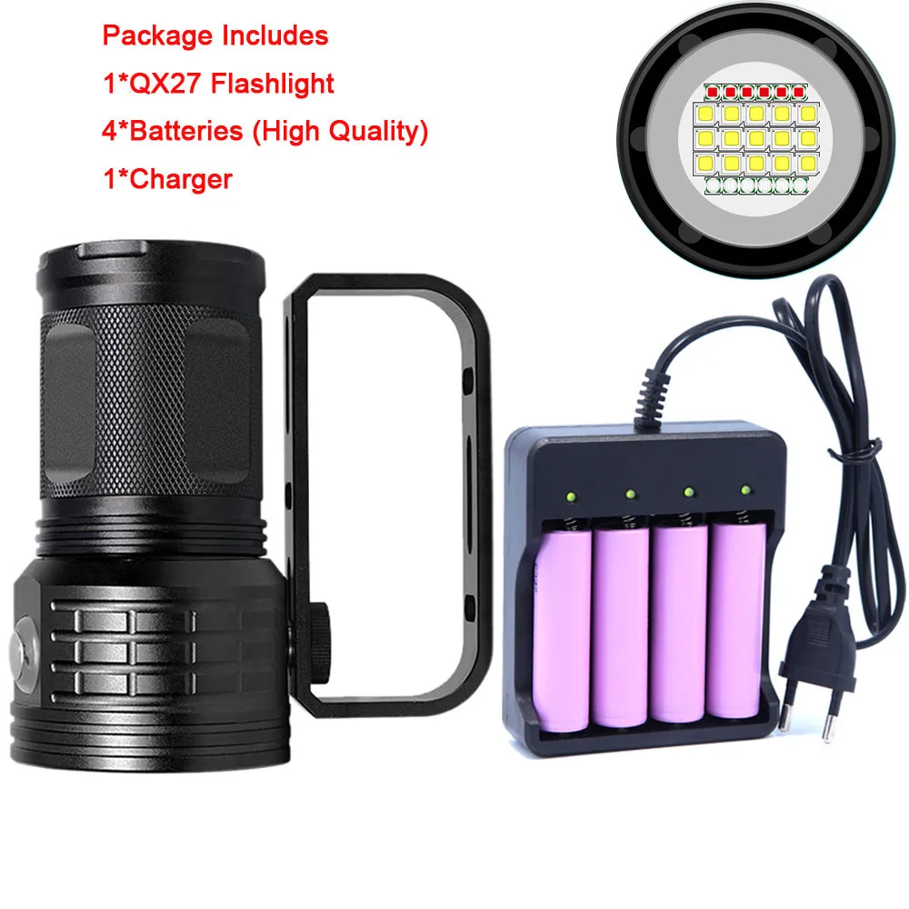 QX27 4-battery kit Дайвинг Фонарь Фонарик 18650 факел Подводные 80 м светодиодный накамерный свет лампа для видеосъемки L2 белый красные, синие светодиодный Подводное фото заполняющий свет - Испускаемый цвет: QX27 4-battery kit