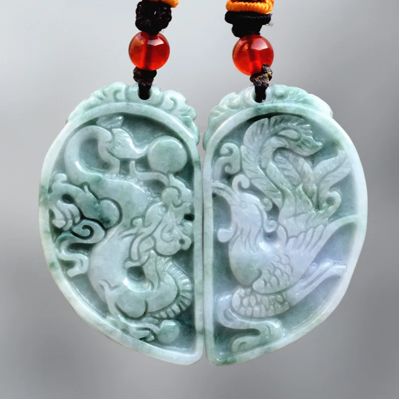 Drop shipping Natural A Jadeite Jades Pendant 3D Carved Chinese Dragon Phoenix Lovers' Pendants Amulet Stone Jewelry+Rope | Украшения и