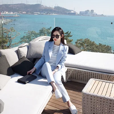 Женский брючный костюм синий с жакетом повседневные брюки деловой весна |