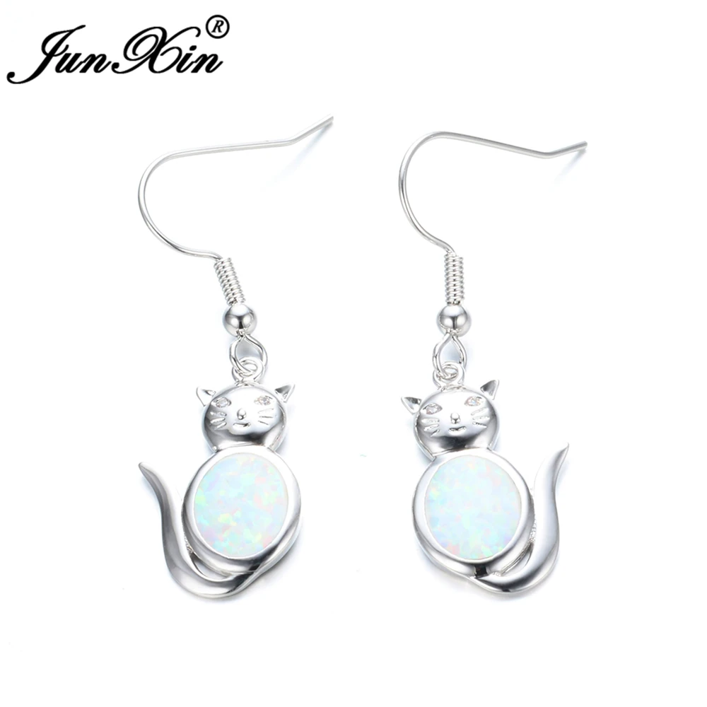 Женские серьги-коты JUNXIN серьги с белым огненным опалом серебристого цвета модные