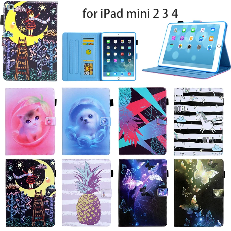 Чехол подставка для iPad mini 2 3 4 с отделением карт и золотым ананасом кошкой собакой