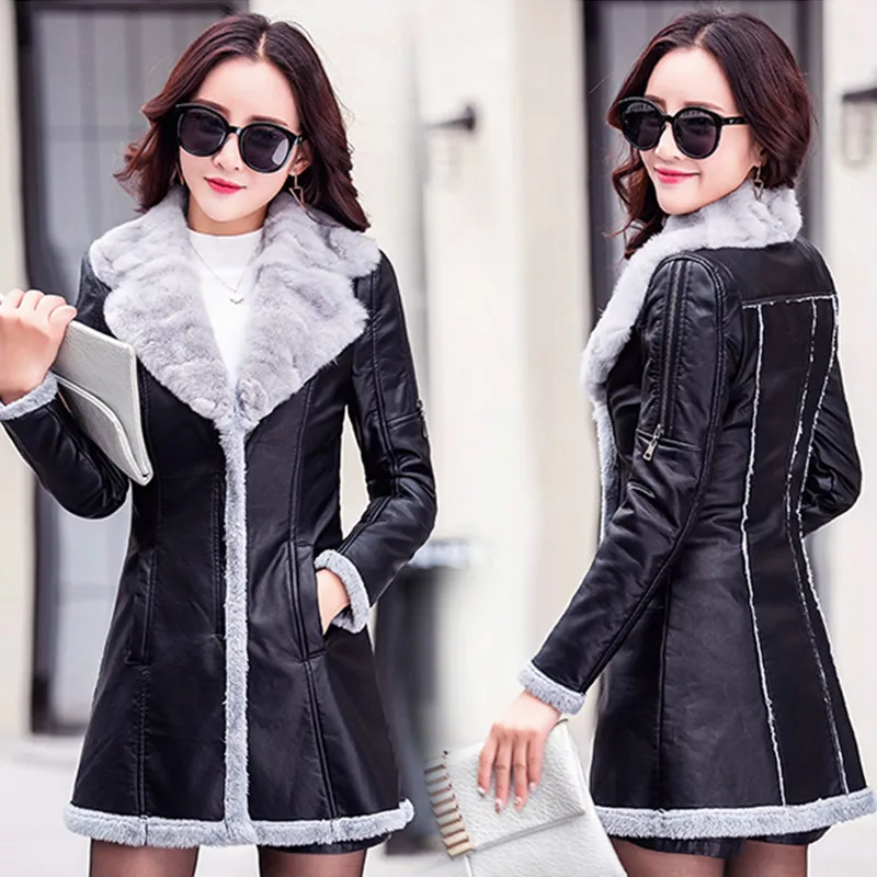 Женская куртка из искусственной кожи с большим меховым воротником длинная
