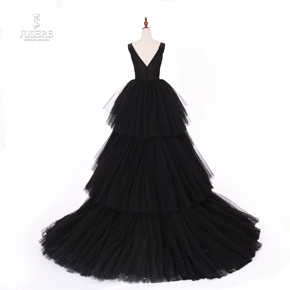 Jusere Real Photos Black Gothic Maxi Dress Prom Dresses Tired Cup Skirt Evening Dress With Tail 2019 New