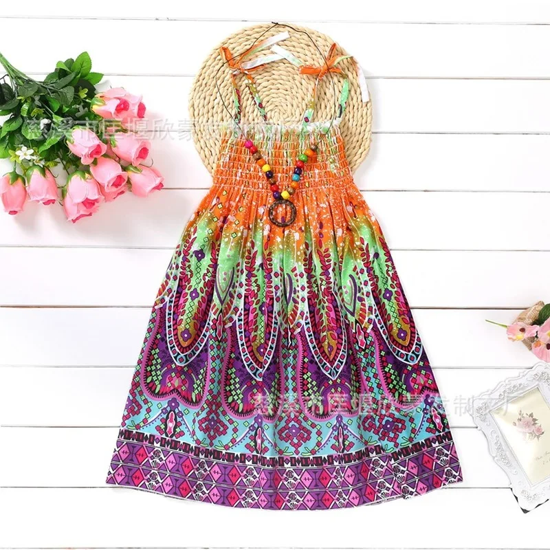 2019 Summer Beach Youth 3-12 Years Old Baby Girl Dress Bohemian Flower Princess Sling Necklace Holiday | Детская одежда и обувь