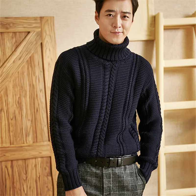 Мужская однотонная шерстяная водолазка ручной работы плотный вязаный