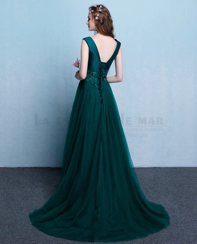 Vestido длинное платье для матери невесты Новое Тюлевое атласное сексуальное с v-образным вырезом ТРАПЕЦИЕВИДНОЕ темно-зеленое свадебное платье для гостей на заказ sukienki na wesele дешево
