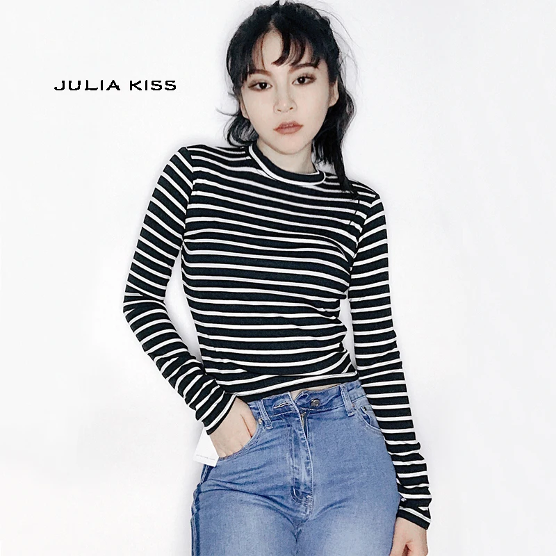 Женский укороченный топ в полоску с высоким воротником и длинным рукавом|striped crop