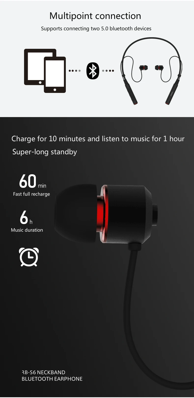 Remax беспроводные стерео спортивные шейные Bluetooth Музыкальные наушники HD Mic мульти соединения для iphone xiaomi RB-S6+ розничная посылка