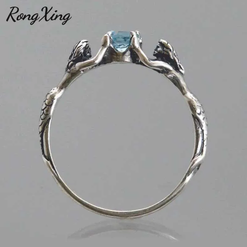 RongXing античное серебряное кольцо русалки цвета морской волны с цирконием для