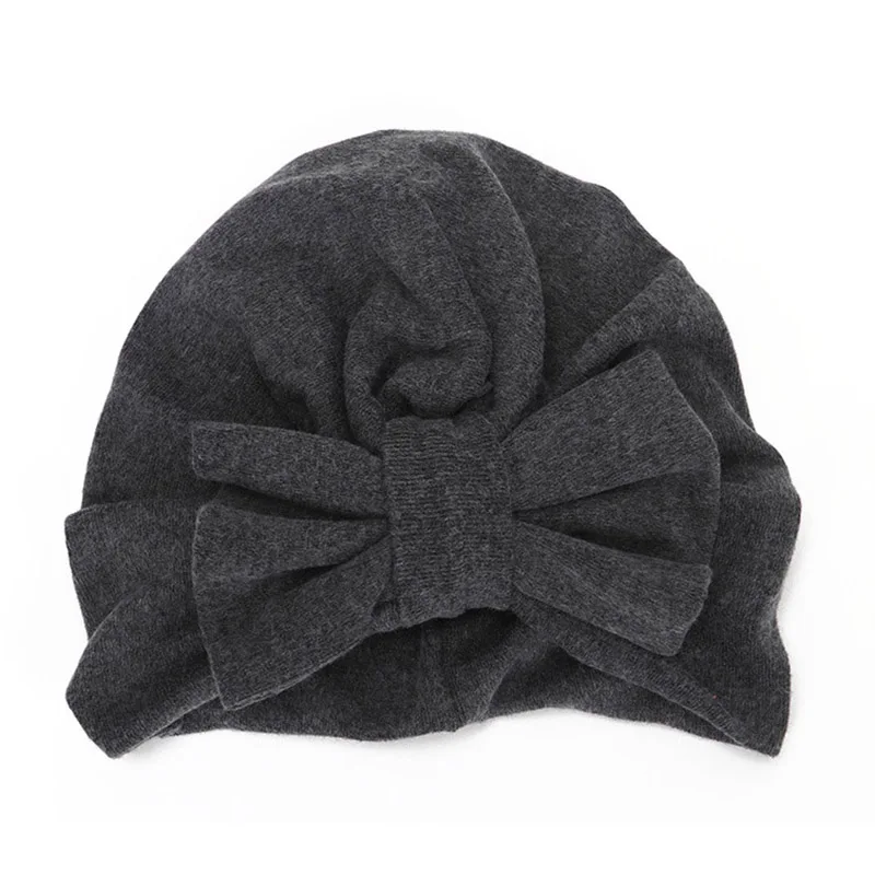 Bows dark gray Зима-осень, новая Толстая теплая хлопковая вязаная детская шапка с большим бантом, чепчик для новорожденных от 0 до 24 месяцев, вязаная шапка для маленьких девочек, шапочка - Цвет: Bows dark gray