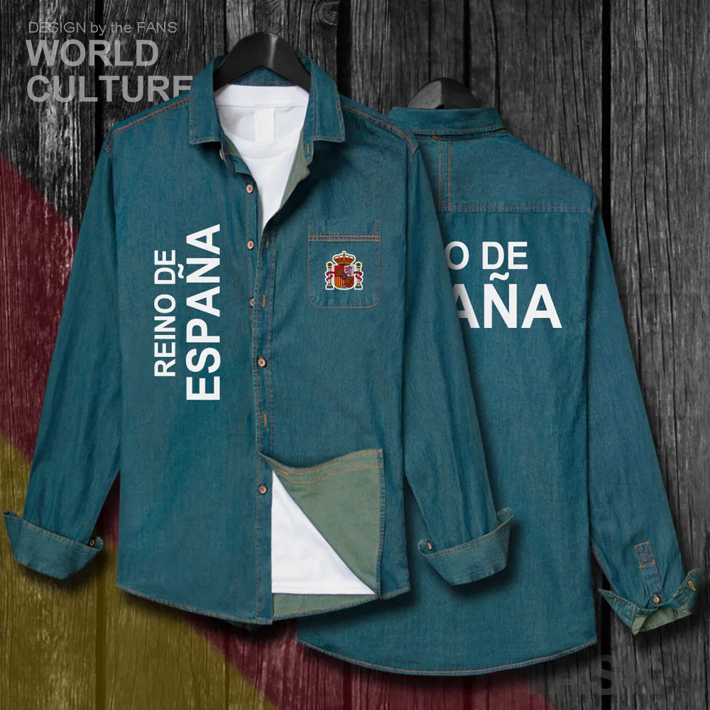 

Kingdom of Spain Espana ESP Spanish Spaniard Tops Men New Clothes Autumn Turn-down Collar Jeans Shirt Long Sleeve Cowboy Coat 20