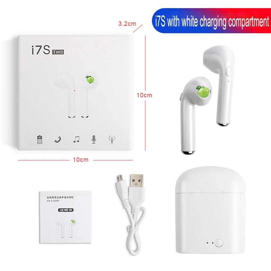 Bluetooth headset i7s TWS V4.2 wireless binaural stereo music with charging box white automatic | Электроника