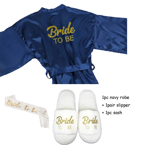 navy 3pc set Sisbigdey/комплект из 3 предметов для невесты; халат; тапочки; Атласный халат с поясом; женские блестящие золотые вечерние кимоно для невесты - Цвет: navy 3pc set